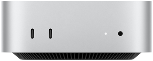 Mac mini, Vorderansicht, Gehäuse in Silber, zwei USB‑C Anschlüsse, Ein‑/Ausschalter, Statusanzeige, Lüftungsgitter unten